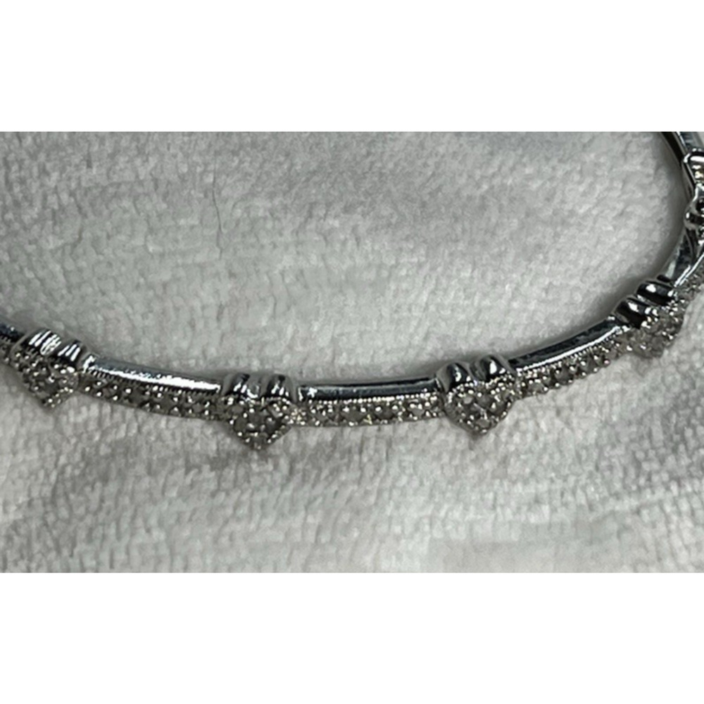 DBJ Sterling Silver 925 Heart Pave Hinged Bangle Bracelet Dainty Feminine Stack